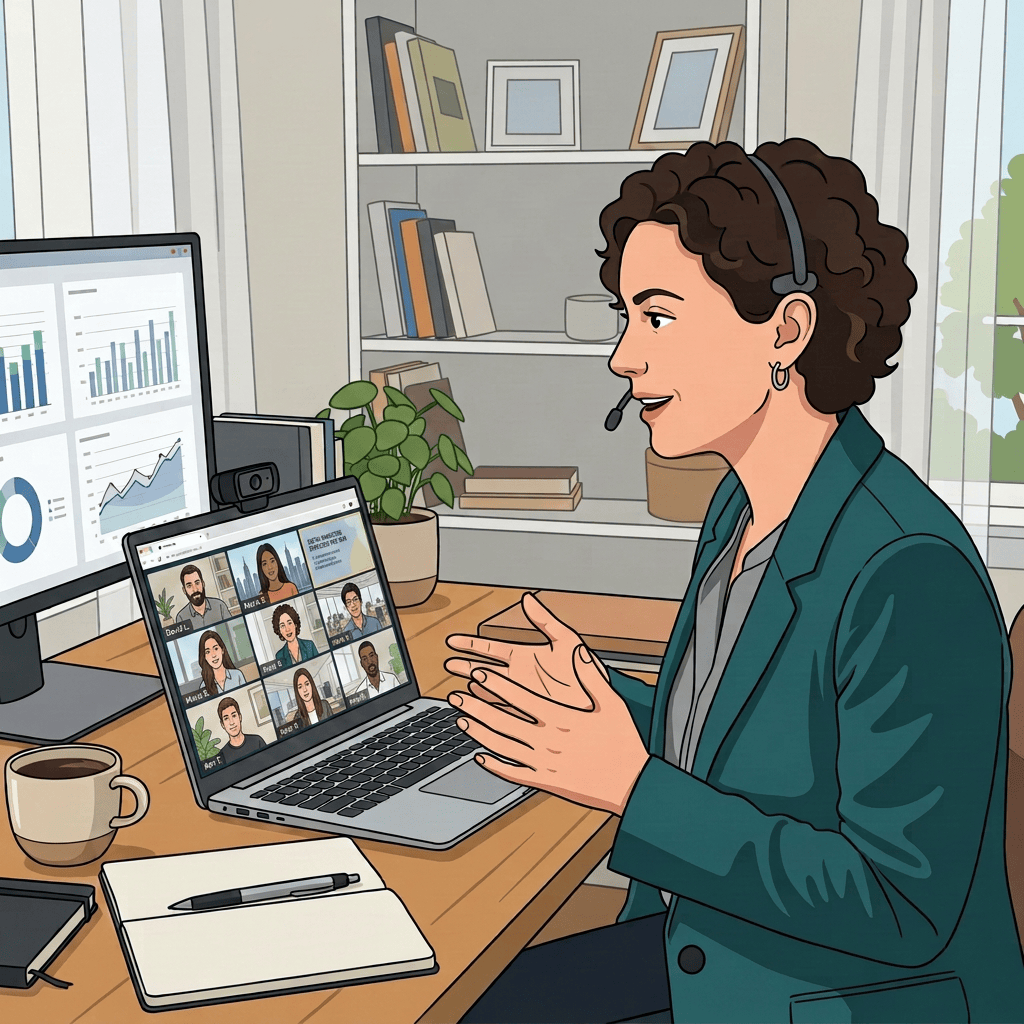 Marketing professional on video call presenting “DIGITAL MARKETING STRATEGIES FOR 2024,” with content personalization, AI-driven blogging, and video marketing trends listed.